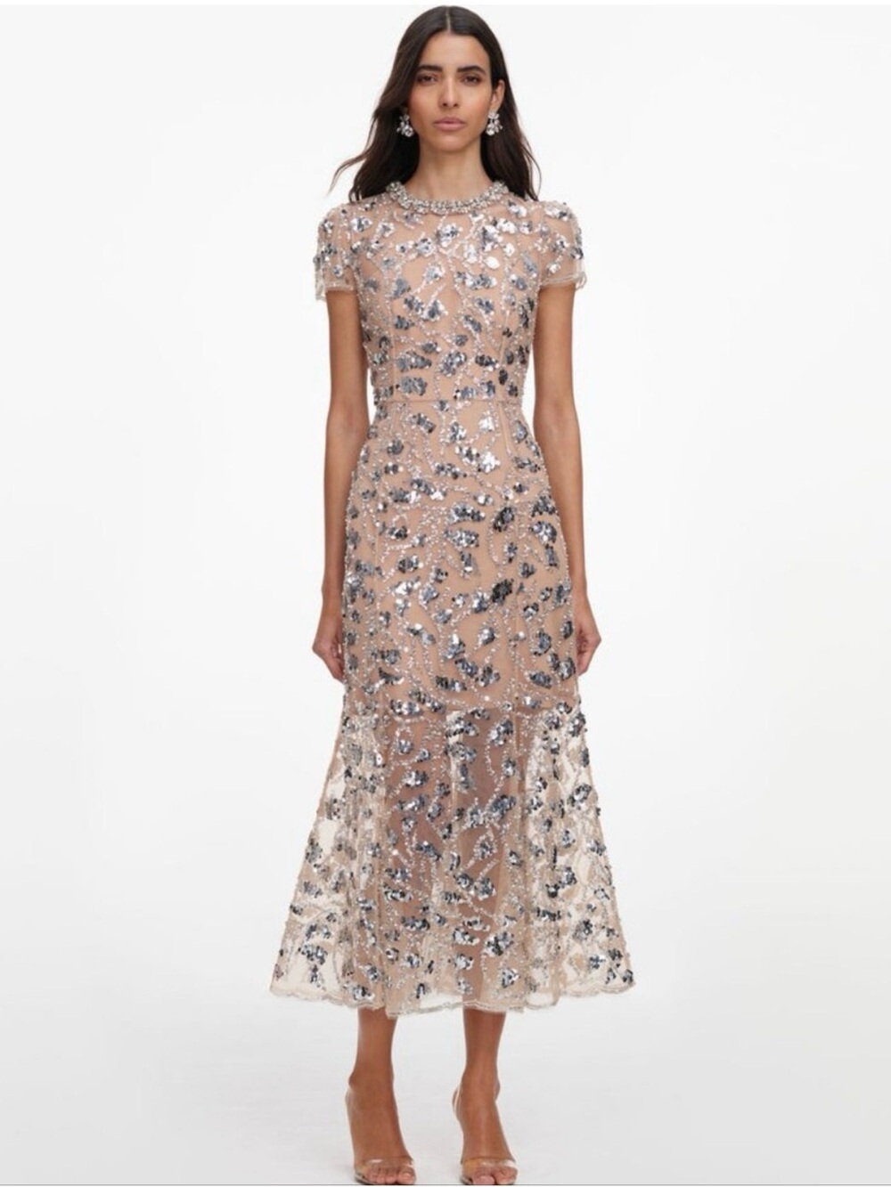Self Portrait Silver Sequin Embellished Midi Dress